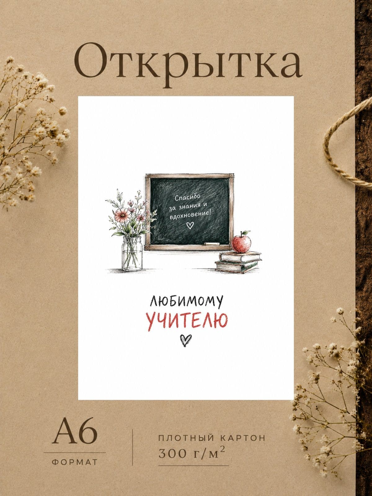 Открытка "Любимому учителю" плотный картон, 10,5 см x 14,8 см
