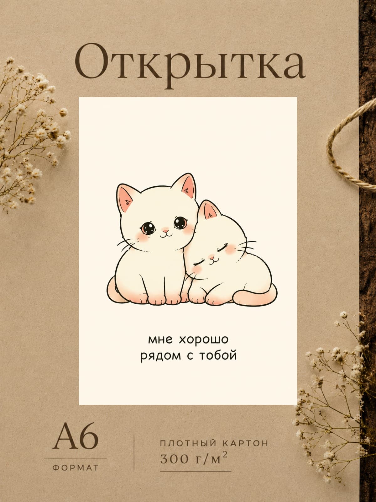 Милая открытка "Мне хорошо рядом с тобой" с котиками, картон 10,5 см x 14,8 см