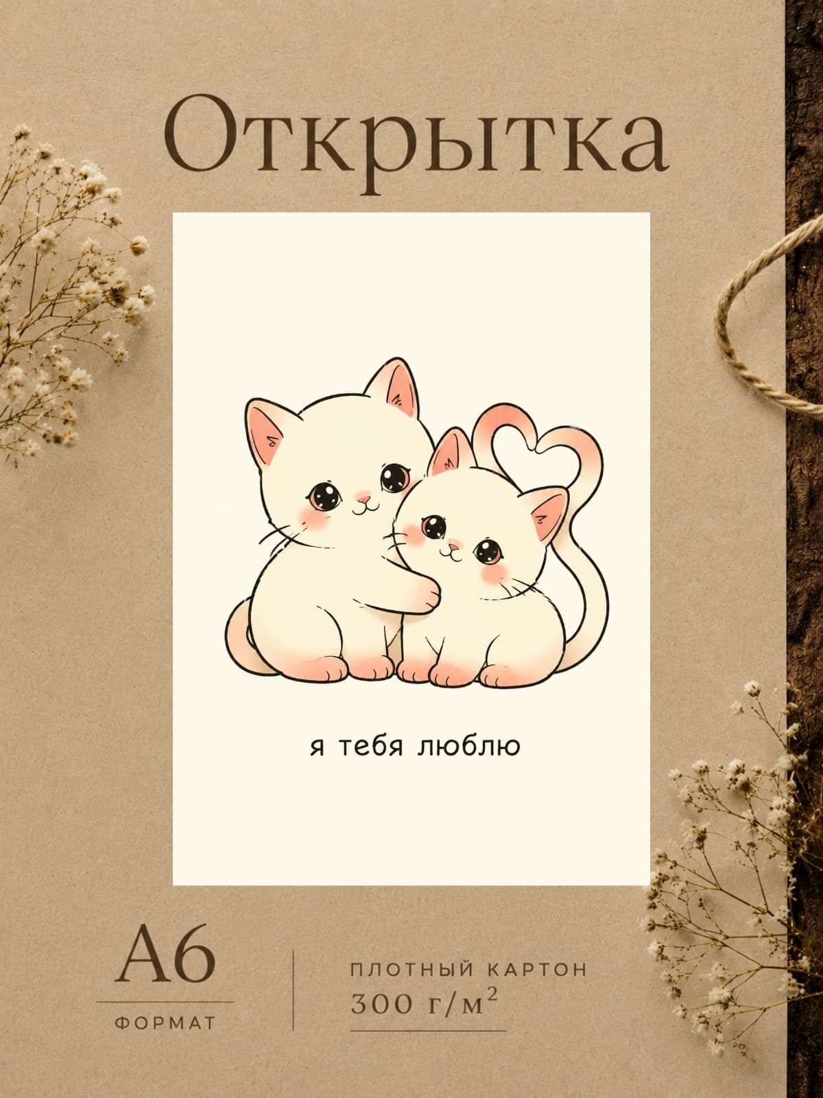 Милая открытка "Я тебя люблю" с котиками, картон 10,5 см x 14,8 см