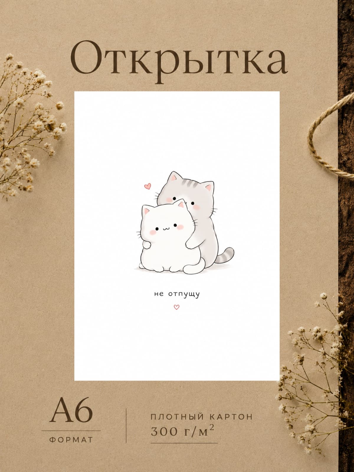 Открытка любимому "Не отпущу" с котиками, плотный картон, 10,5 см x 14,8 см