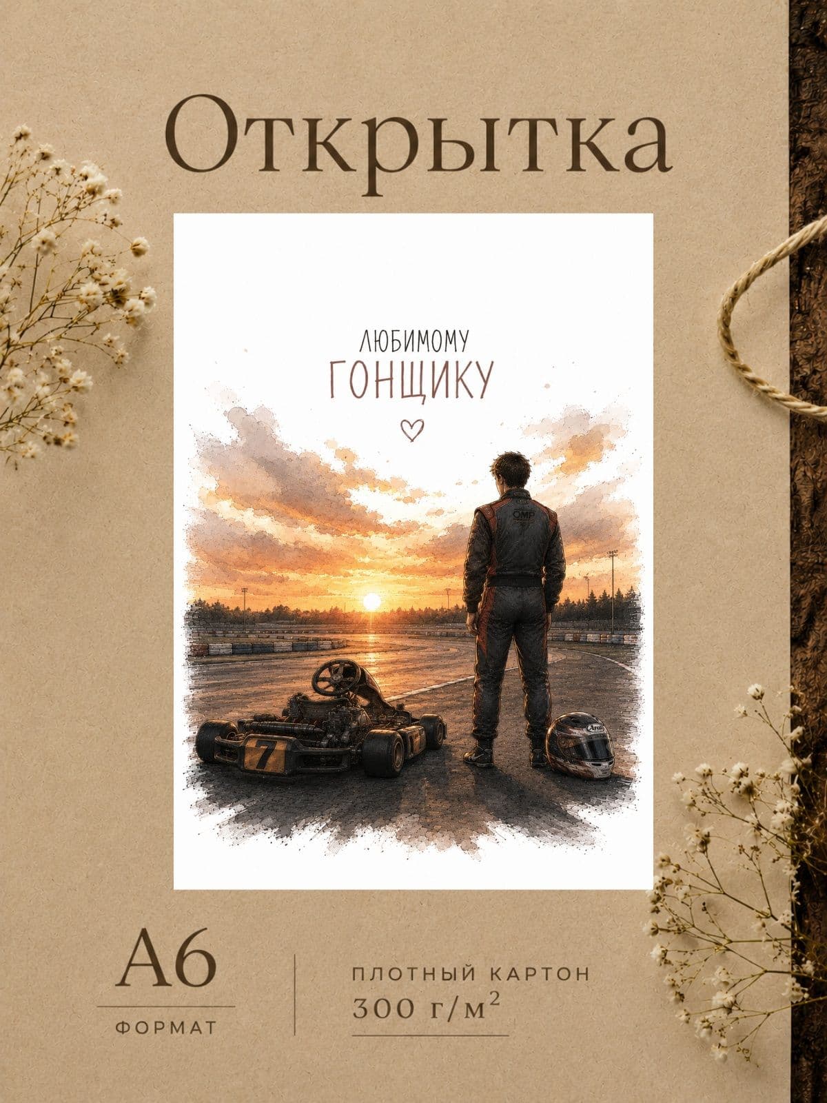 Открытка "Любимому гонщику" плотный картон, 300м/г, 10,5 см x 14,8 см