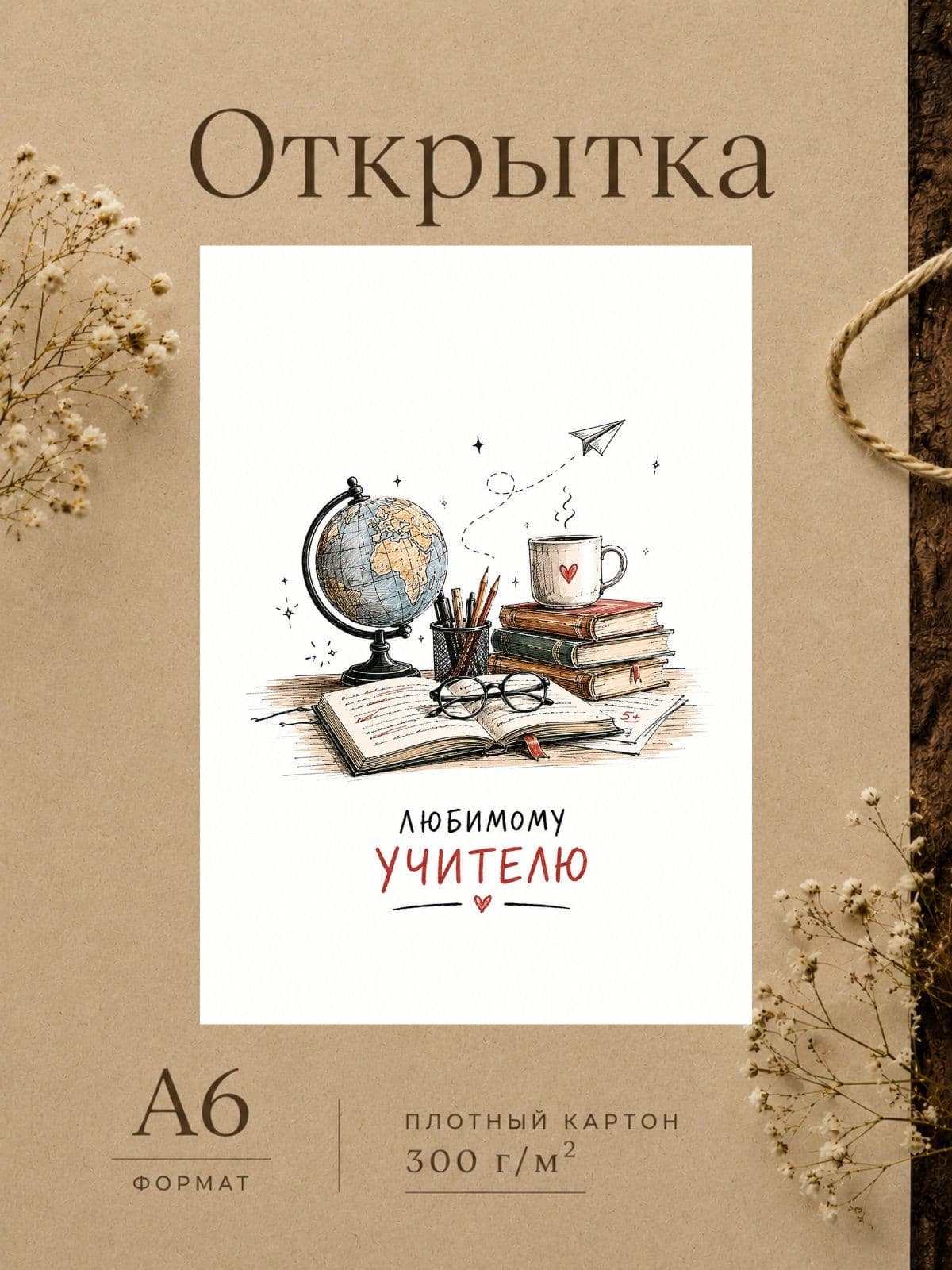Открытка "Любимому учителю" плотный картон, 300м/г, 10,5 см x 14,8 см