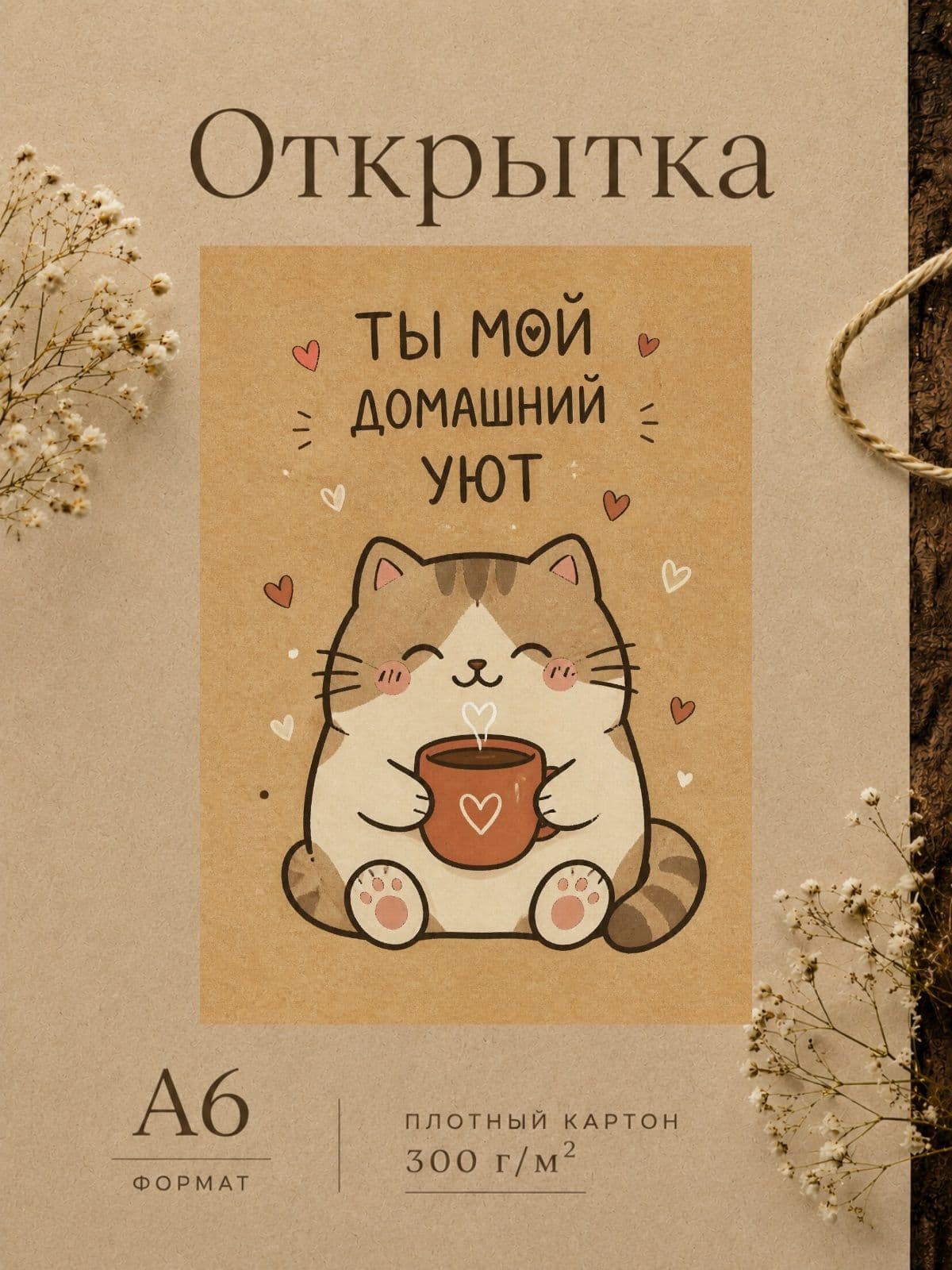 Открытка Любимому "Ты мой домашний уют" плотный картон, 10,5 см x 14,8 см