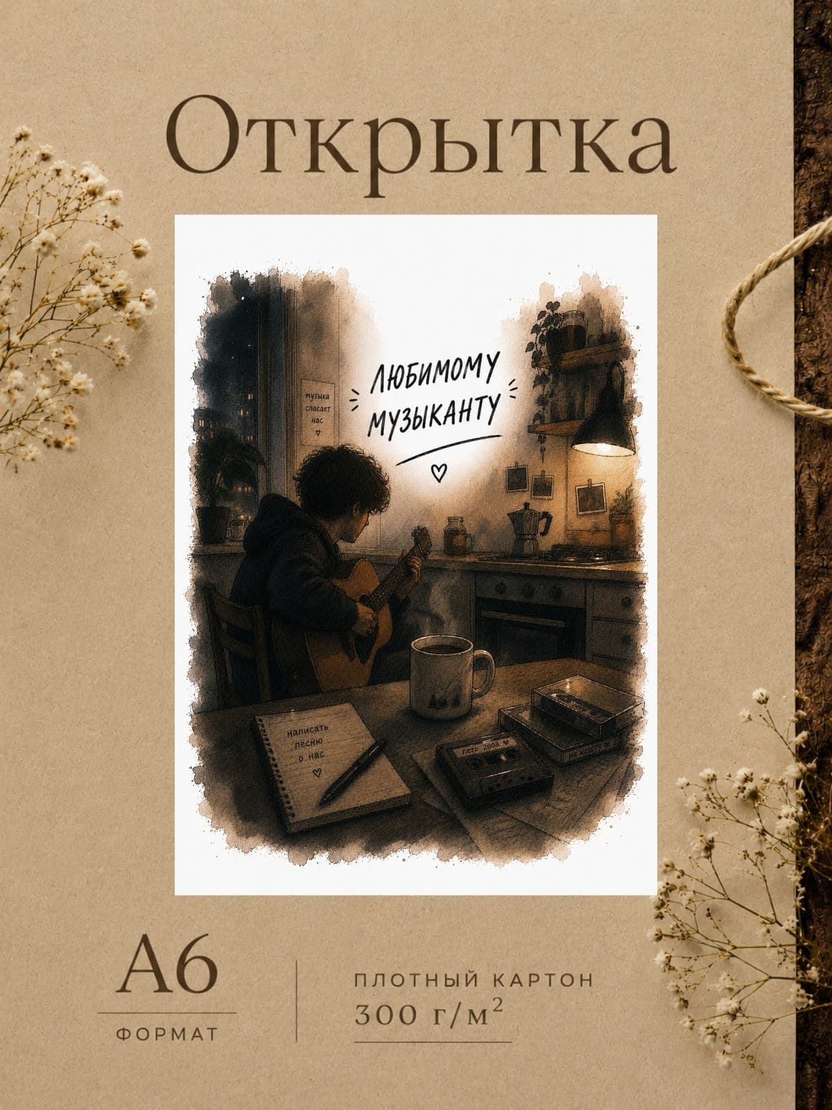 Открытка парню, любимому музыканту, плотный картон, 10 см x 14,8 см