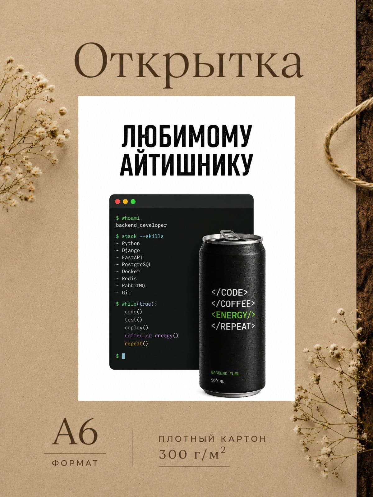 Открытка "ЛЮБИМОМУ АЙТИШНИКУ" плотный картон, 10,5 см x 14,8 см