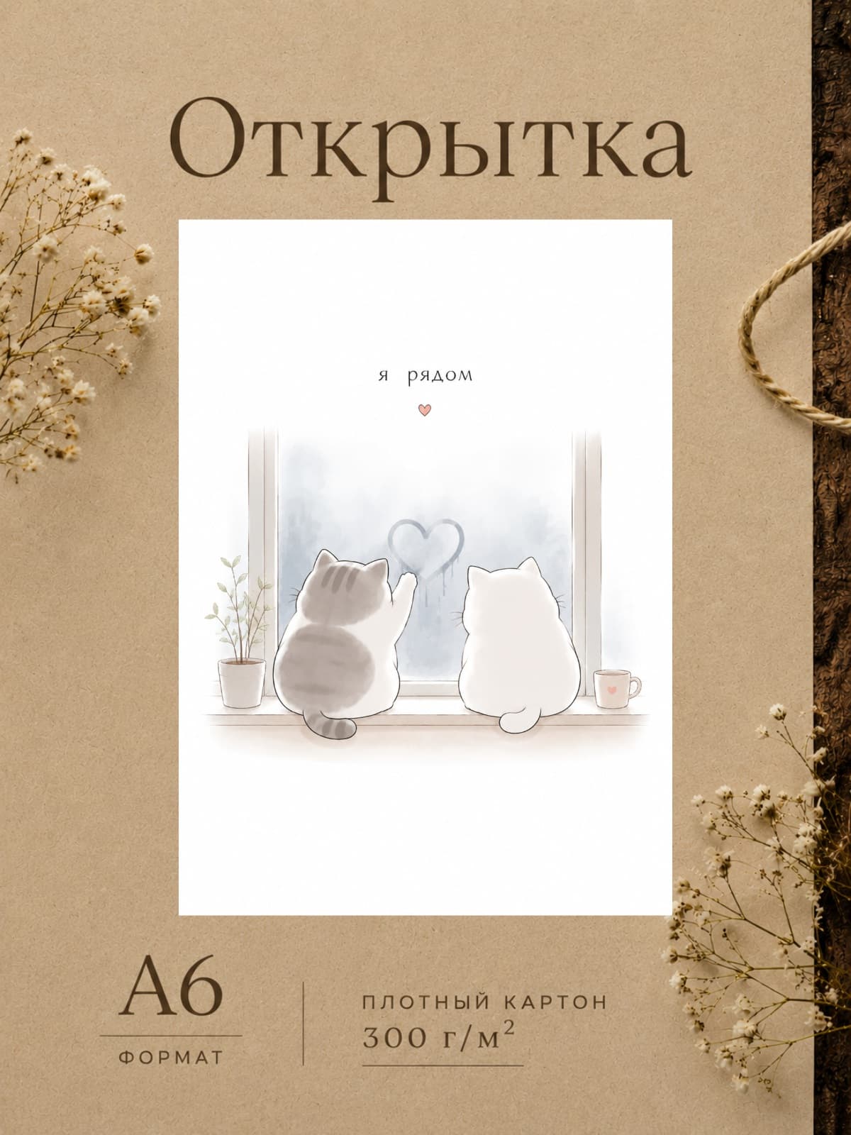 Открытка любимому "Я рядом" с котиками, плотный картон, 10,5 см x 14,8 см
